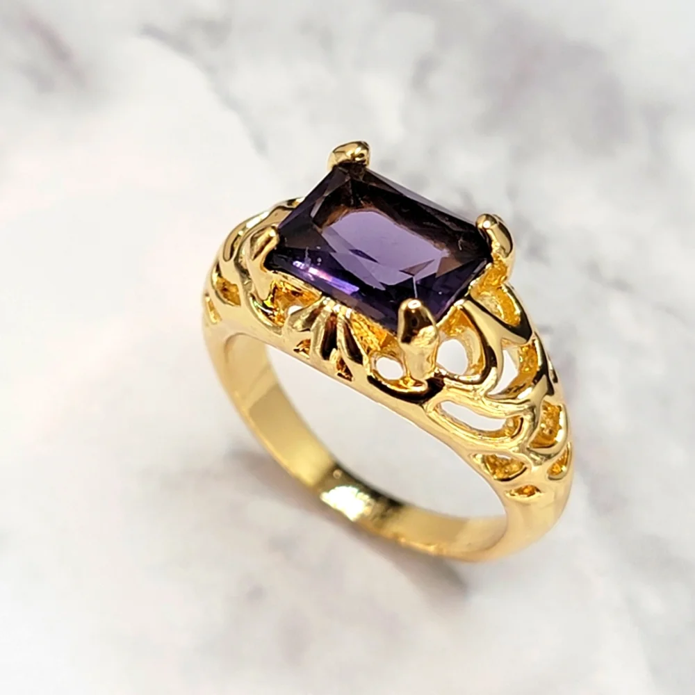 Gold Plated Simulated Amethyst Filigree Ring